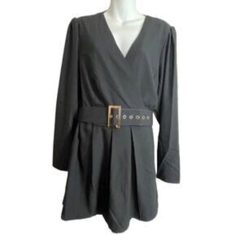 City Chic Dark Academia Coquette Black Wrap Belted Cocktail Romper Plus 20W NWT